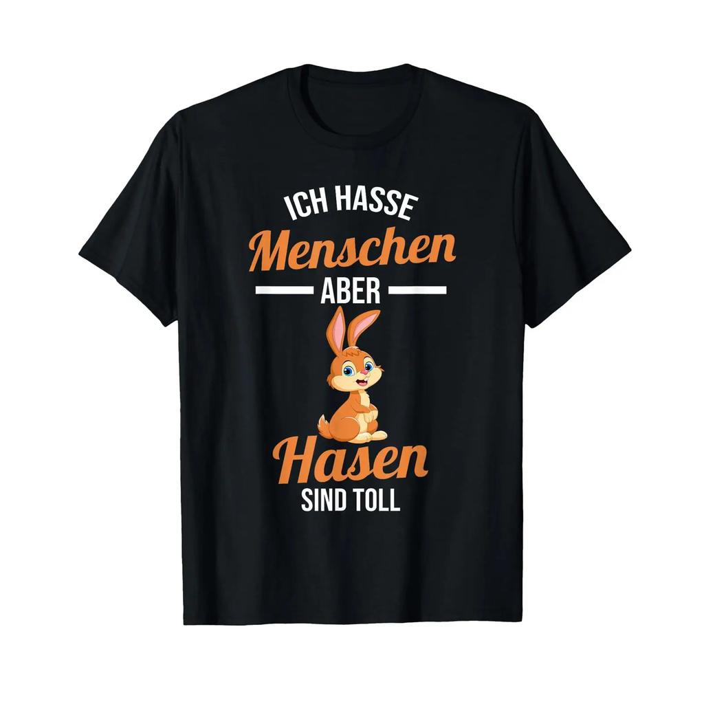 T Shirt with German Text Quot Ich Hasse Menschen Rabbit Vintage Washed Homme Casual Unisex Grap