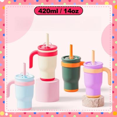 Color Blocking 14Oz Straw Car Cup, Children'S Student Insulated Cup, Stainless Steel Water Cup Handle, The Best Gift For Car Cup