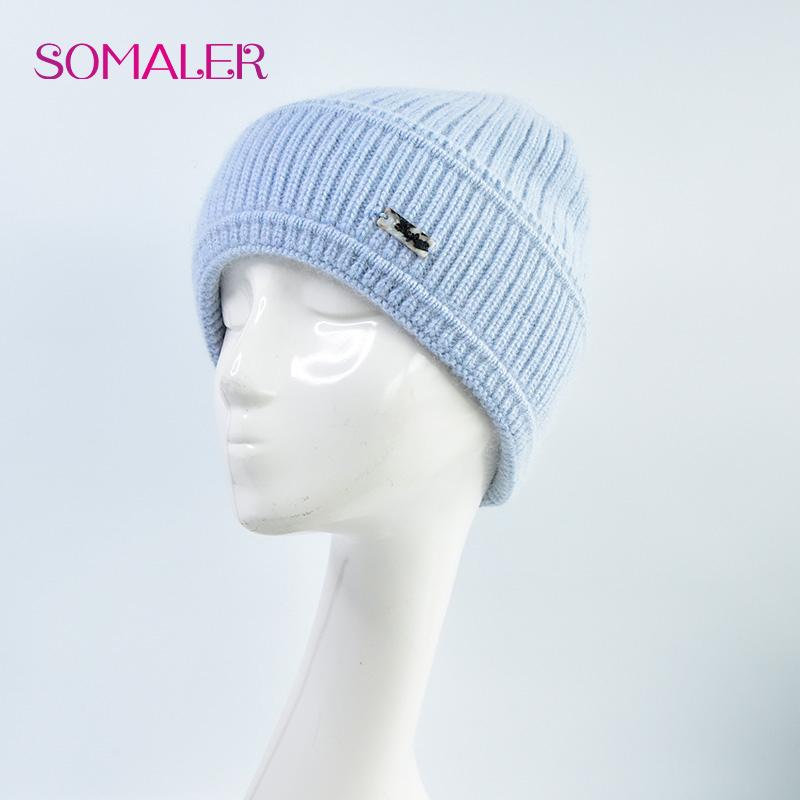SOMALER Women's Autumn Winter Angora Knit Beanie Hat with Folded Cuff & Metal Badge Fashion Warm Cap 54-58cm