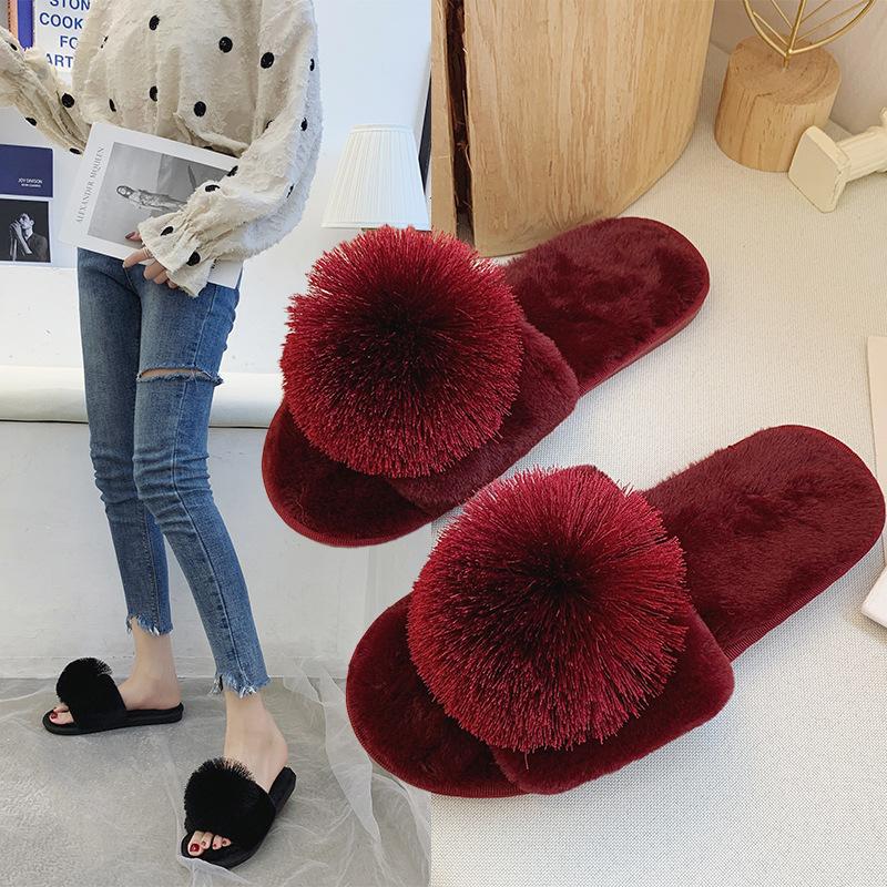 Mao Mao slippers 2025 new Korean version of home one-word slippers fashion ball warm indoor cotton mop