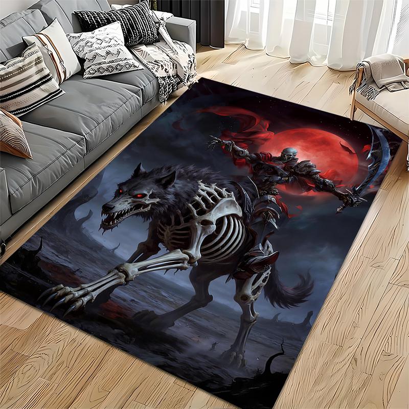 "Dark Fantasy Wolf Skeleton Rider Carpet with Red Moon Design" Suitable for Use As an Anti-slip for Living Room Bedroom Sofas