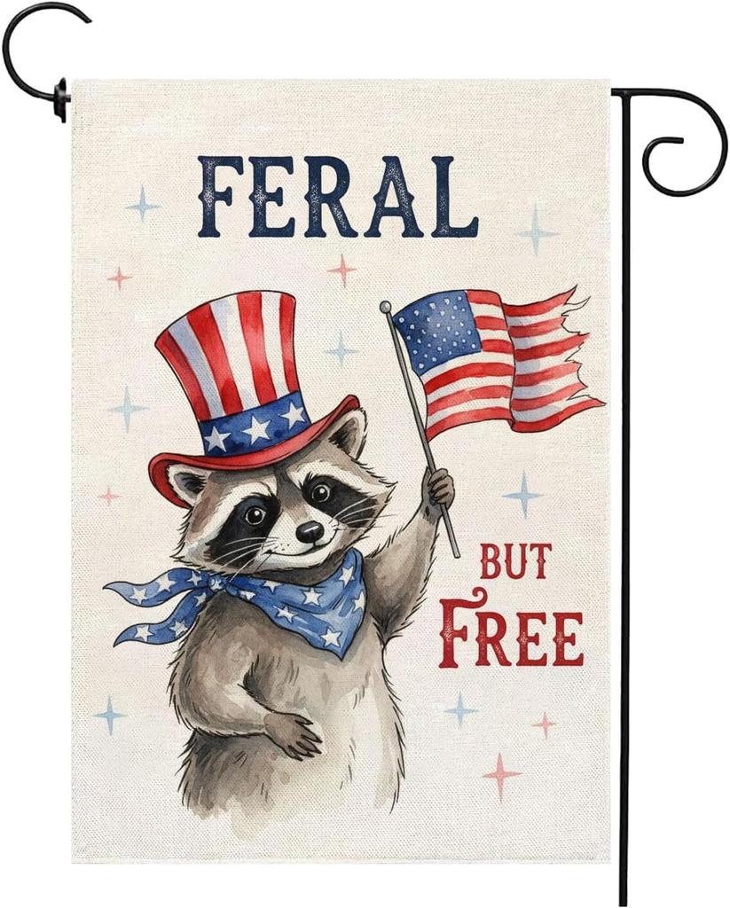 Feral but free 4th of July Garden Flag 12x18 Inch Double Sided Outdoor Independence Day Patriotic American Funny Opossum Hol