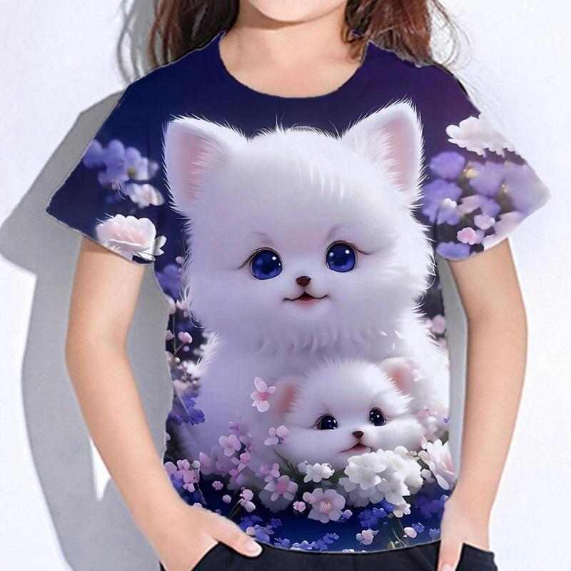 Kawaii Cartoon Animal Cat Kids Adult Printed T-shirt Summer Women's and Men's Casual Outdoor Girl and Boy Short Sleeve Tees Top