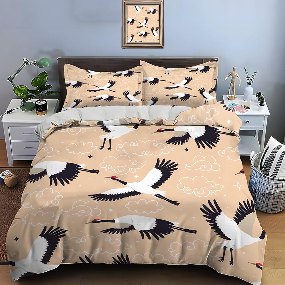 Red-Crowned Cranes With Floating Clouds Pattern Duvet Cover Set Digital Print Colorful Polyester Bedding With Zipper Closur