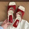 Fashion New arrival summer mid-heeled slippers square toe open toe shallow mouth women's pink bow wedge sandals one-step shoes