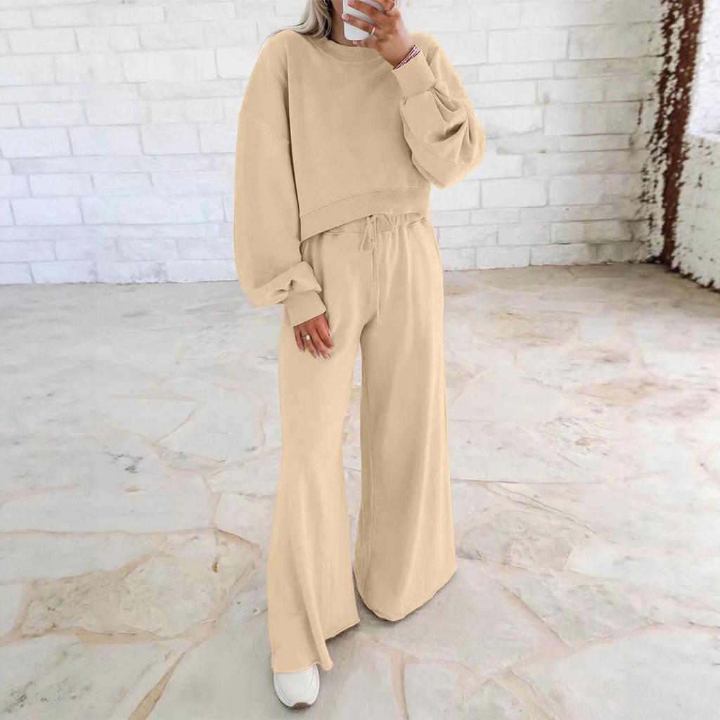 2026 Autumn/Winter Women's Drop Shoulder Bubble Sleeve Pullover & Drawstring Wide-Leg Pants Set