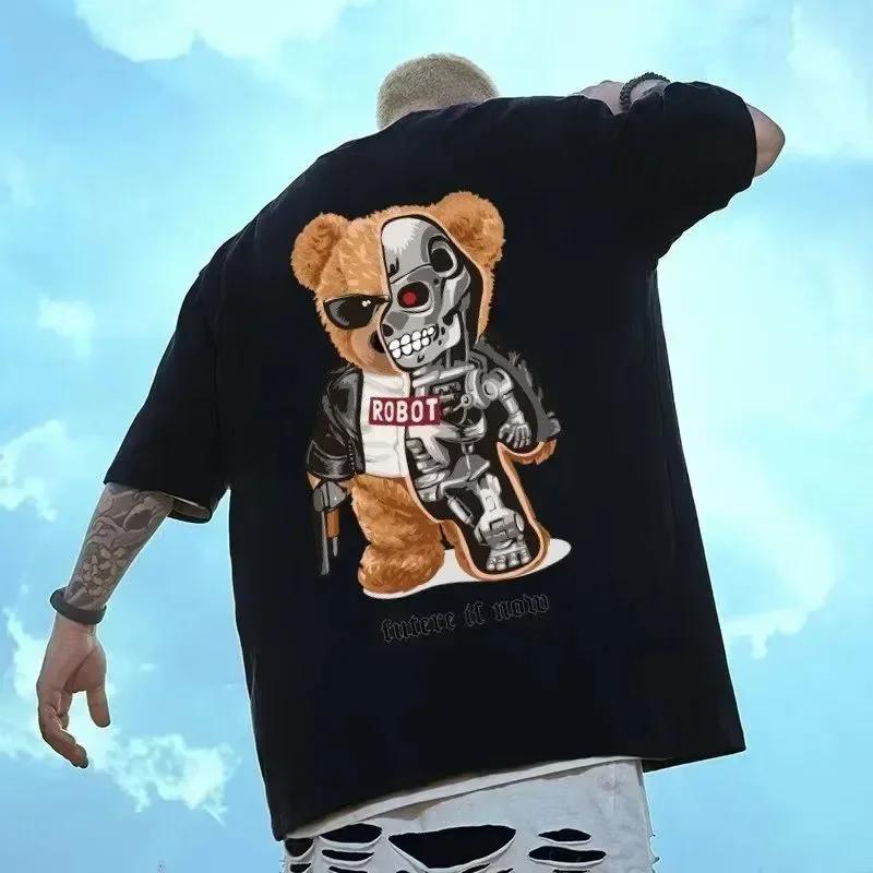 American Vintage Diamond Skeletal Bear Print Tee  Men Oversized Fashion T-shirt Loose Versatile Trend Couple Outfit