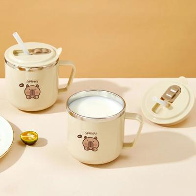 1pcs Cartoon Capybara Milk Cup Stainless Steel Straw Cup with Handle Multi-Purpose Reusable Portable Coffee Cups 270ml