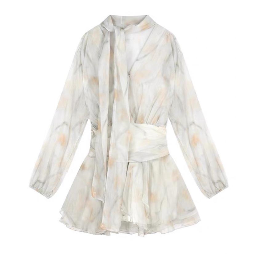 French floral v-neck long-sleeved chiffon dress women's autumn gentle wind design sense chic waist a-word short skirt