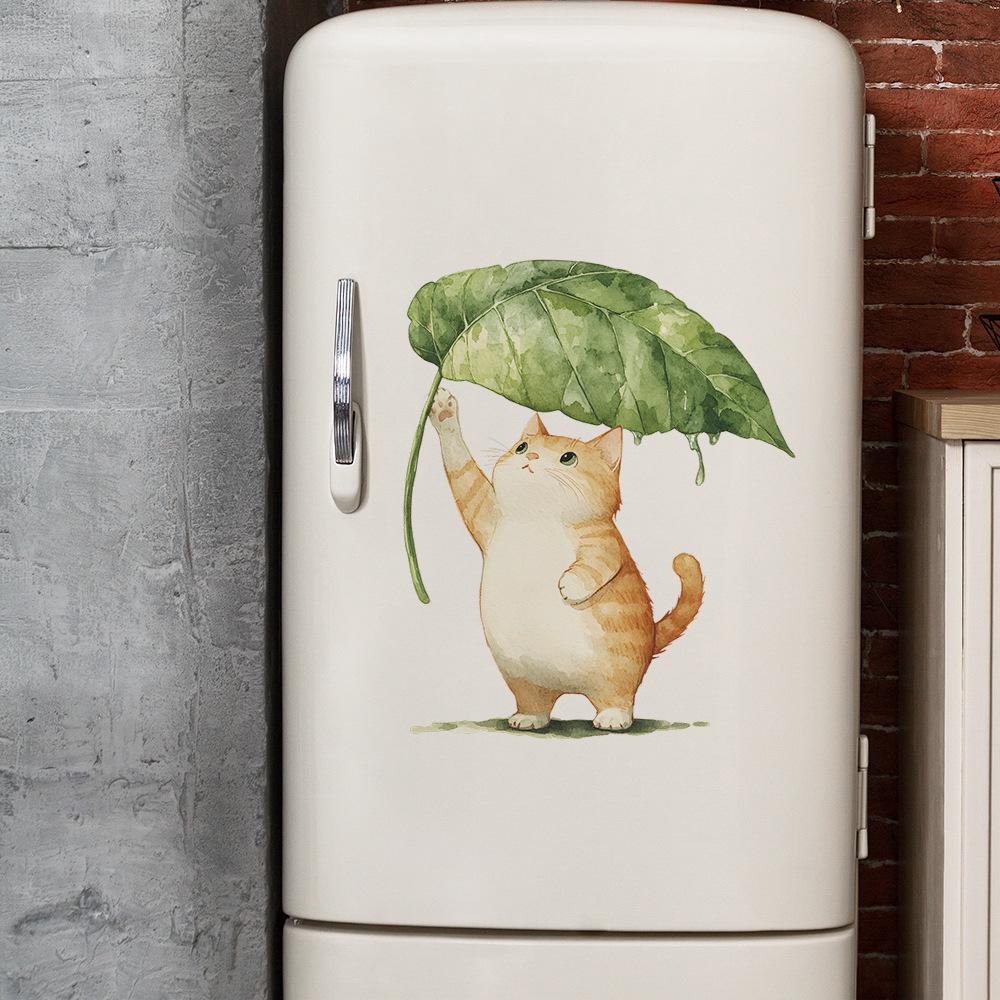 Cartoon Cat Leaf Umbrella Wall Sticker Self-Adhesive Removable Bedroom Dorm Hallway Home Decor