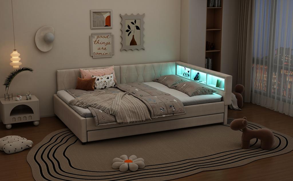 Banquette-lit, 140x200cm, Compartiment de rangement sur le lit, USB+Type C, Avec bande lumineuse LED, Lit gigogne, Sommier à lattes (sans matelas), Lin, Beige