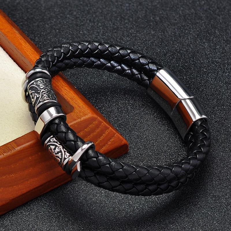 Bracciale Vikingo Fatto a Mano in Pelle e Acciaio Inossidabile per Uomo Accessorio di Moda