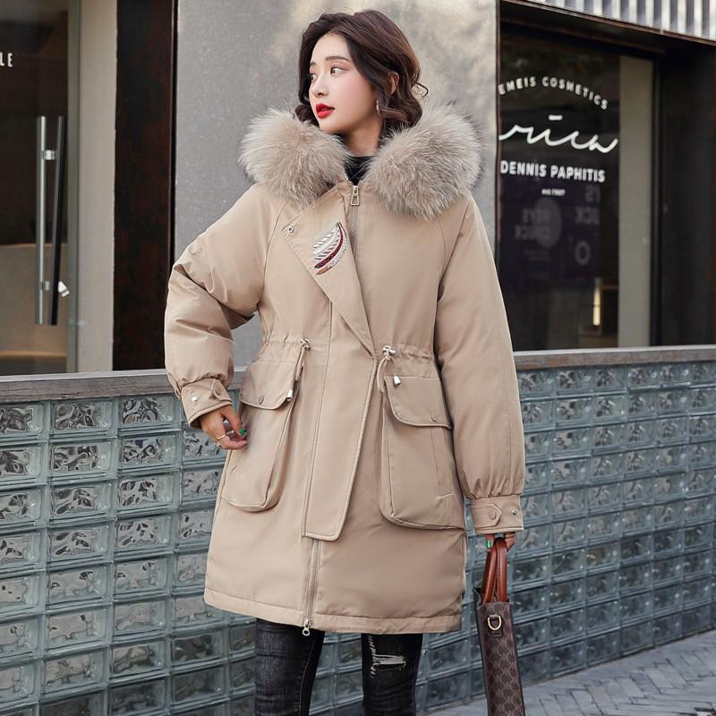 Womens Mid-Long Down Cotton Puffer Coat With Detachable Faux Fur Collar Winter Embroidered Outerwear