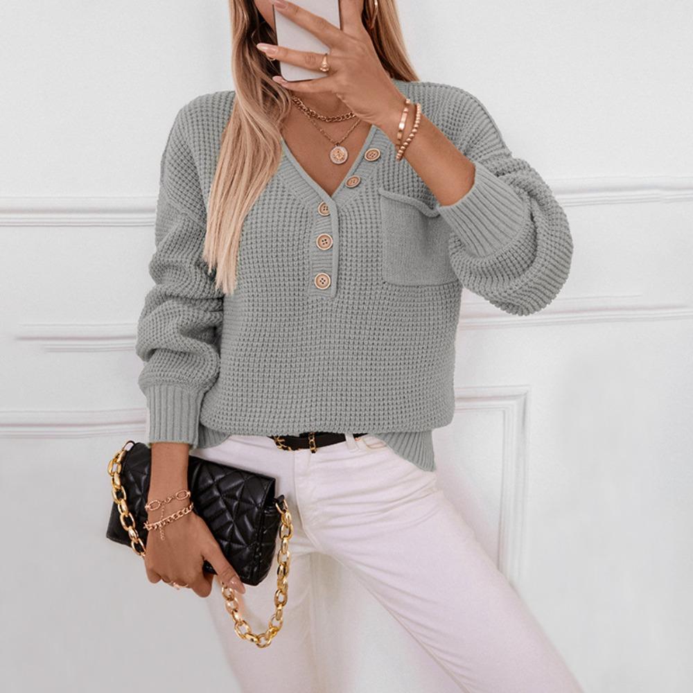 Autumn and Winter Women's Knitted Sweater Loose Pullover V-neck Button Solid Color Sweater for Women
