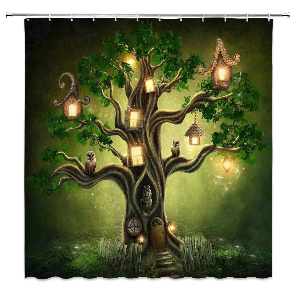 Rideau de douche Hibou Lunaire Forêt Enchantée Oiseau Fleur Papillon Fantaisie Fée Arbre Lanternes Ciel Nocturne Décoration Salle de Bain Ensembles