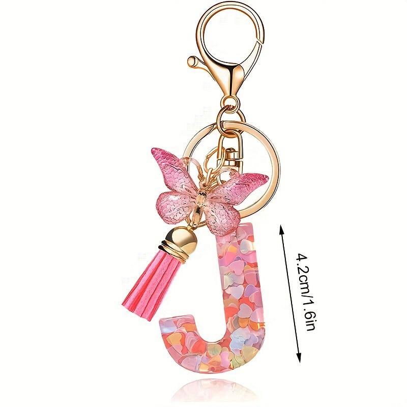 Pink Letter Keychain Heart Sequin Butterfly Tassel Keychain Epoxy Pendant Accessory For Women