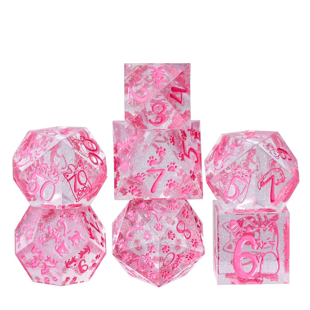 Cusdie Cat Element D&D Dice Set Sharp Edges D4-D20 Cute Cat Claws Fish Pattern Handcrafted Polyhedral Dices for RPG Board Games
