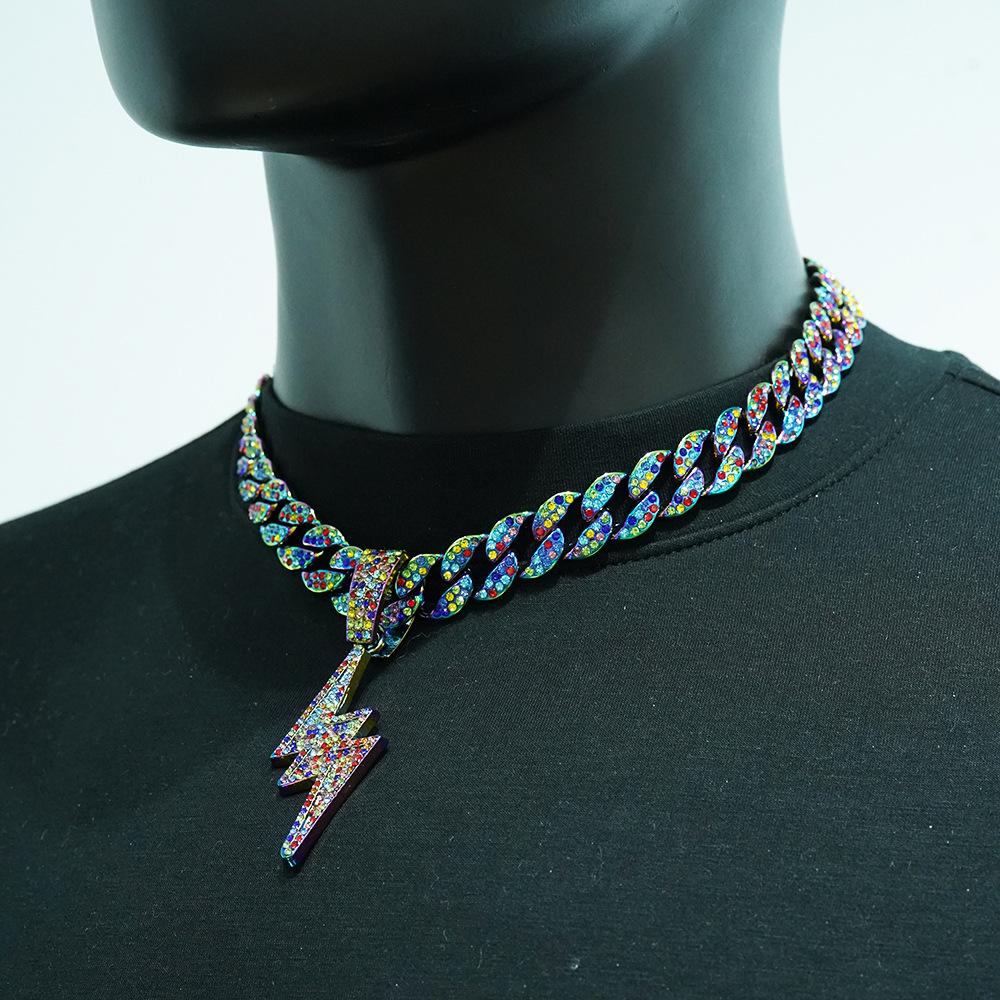 Light Luxury, Cool, Fully Diamond-encrusted, Colorful Lightning Pendant Necklace, Hip-hop Style, Street Dance, Rap, Clothing, Men's Accessories