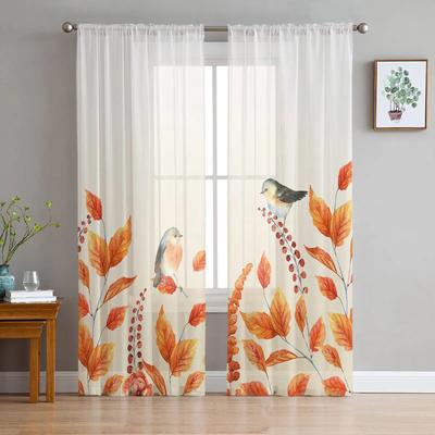 Thanksgiving Fall Plants Robin Living Room Bedroom Transparent Sheer Curtains Holiday Decoration Window Voile Tulle Curtain