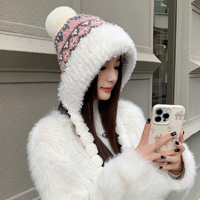 

Осенне-зимняя жаккардовая вязаная шапка с большим меховым воротником, плюшевая утолщенная теплая шапка для защиты ушей, универсальная шапка-бини, шерстяная шапка One Size Elastic