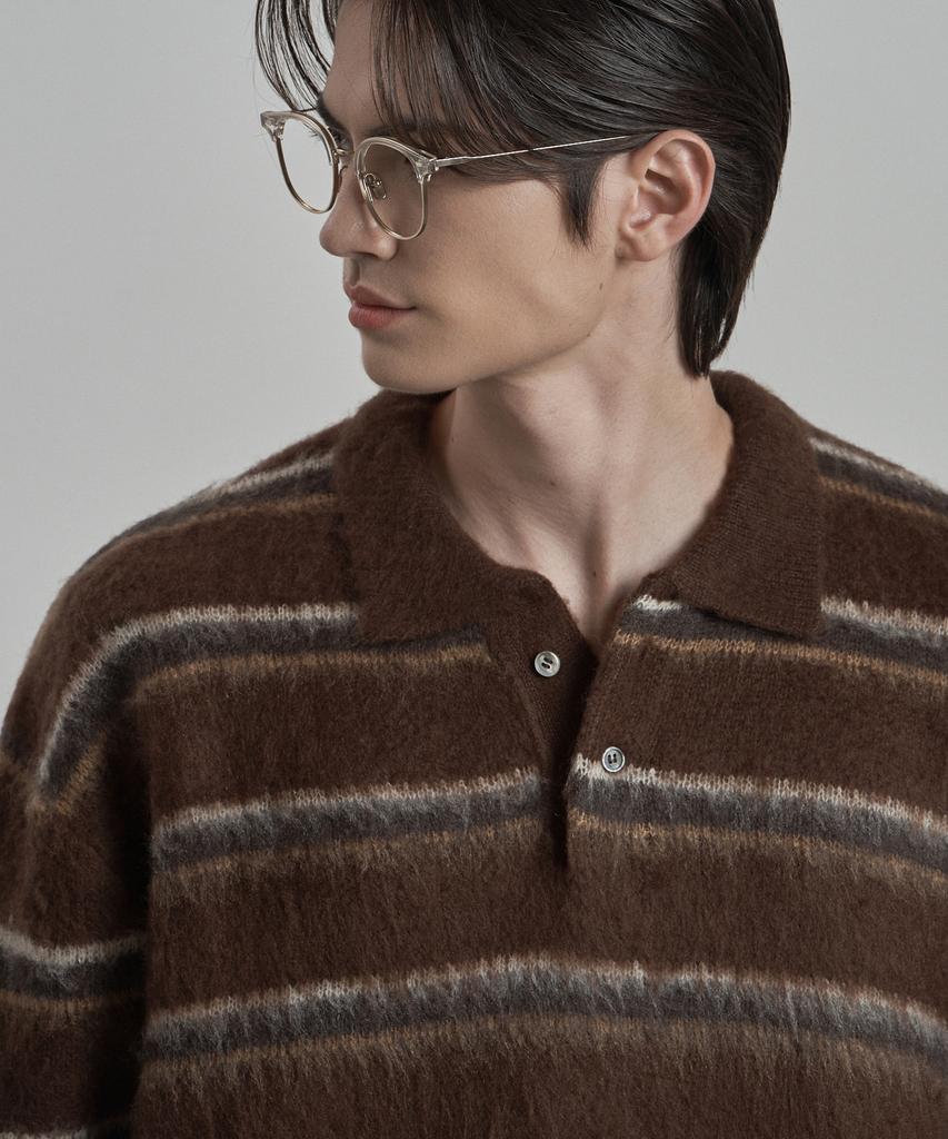 WORK ON BODY OFF Lanugo Semi-Overfit Striped Brush Collar Knit [Brown]