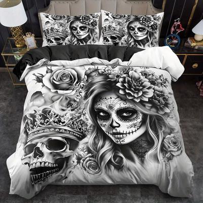 2/3pcs Quilt Cover Set, Gothic Rose Valentine'S Day Print Duvet Cover Set, King And Queen Style Bedding Set, Polyester
