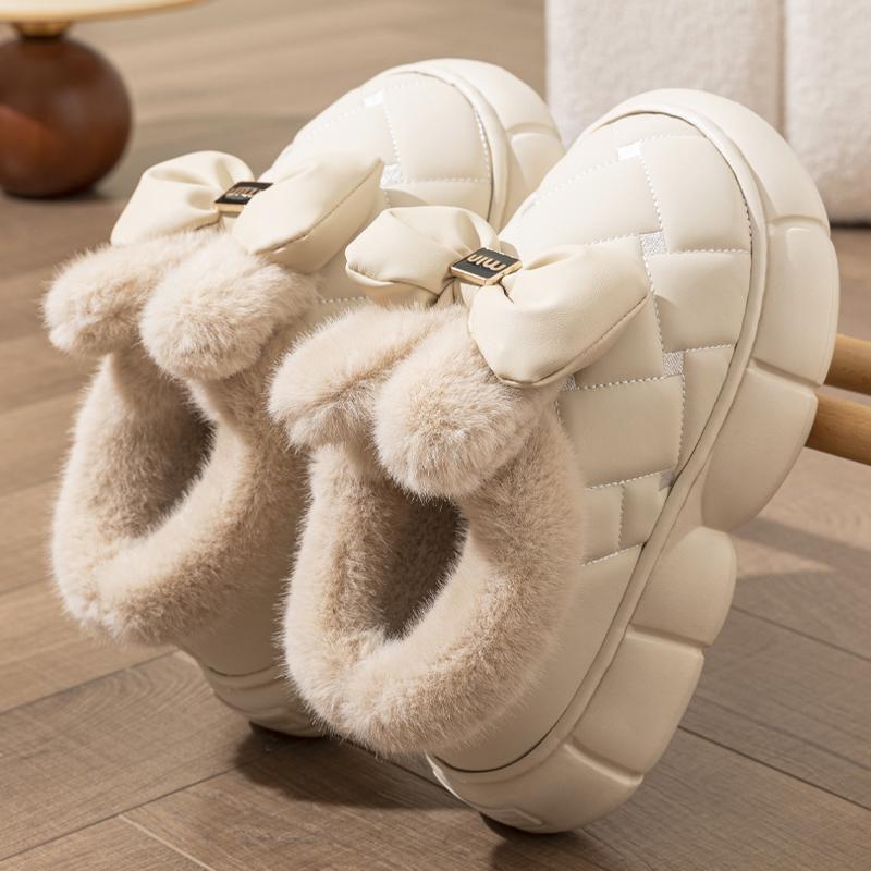 Chunky Platform Cotton Slippers Women 2025 Winter Bowknot Decor Warm Fur Snow Boots Woman Lightweight Soft Thick Sole Home Shoes