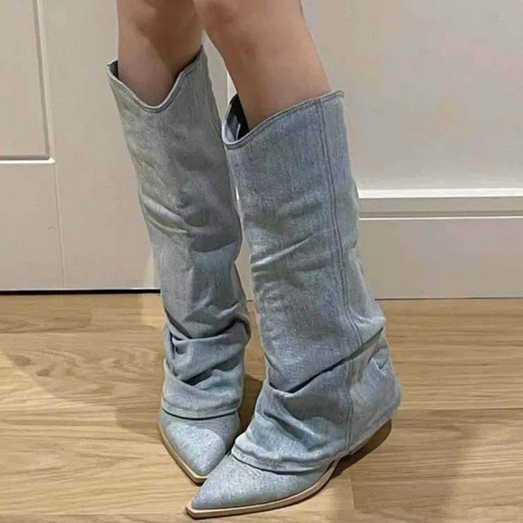 Pleats Blue Denim Thigh High Boots for Women 2025 Autumn Thick Heeled Pointed Toe Cowboy Boots Woman Slip On Western Long Boots
