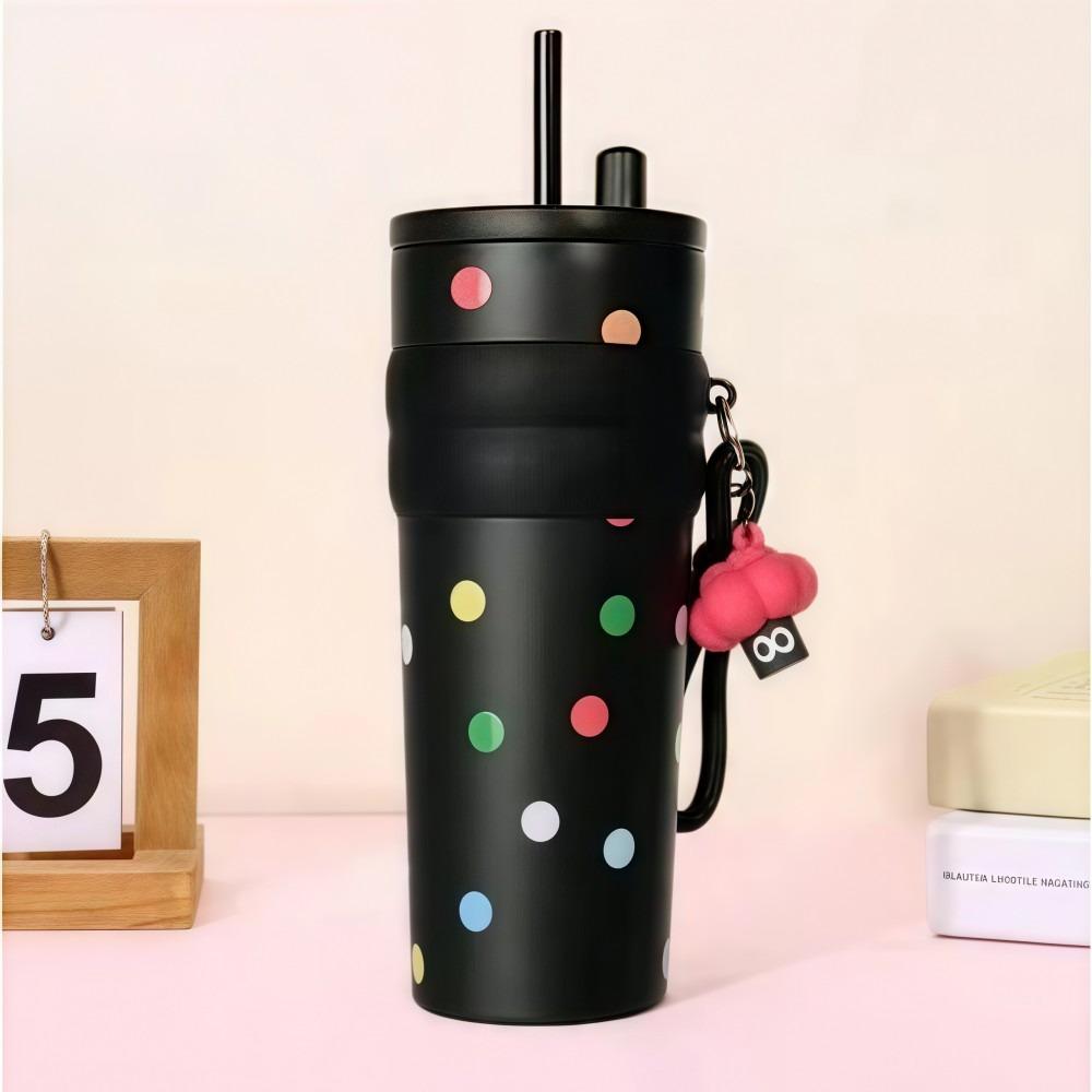 

24oz/710ml Vacuum Cup 316Stainless Steel with Lid Insulated Cup Polka Dot Series with Lifting Rope Coffee Mug For Boys and Girls 780ml чорний