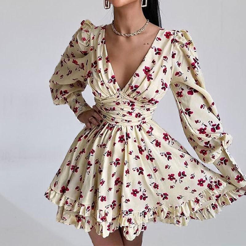 

European American Women s Clothing Fashionable Sexy V-neck Backless Printed Pleated Dress 2XL бежевий