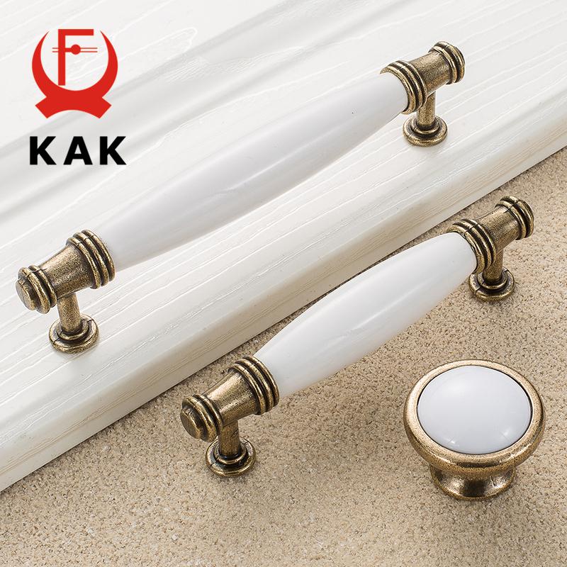 KAK Antique Bronze White Ceramic Cabinet Handles Zinc Alloy Drawer Knobs Wardrobe Door Handle Simple European Furniture Hardware