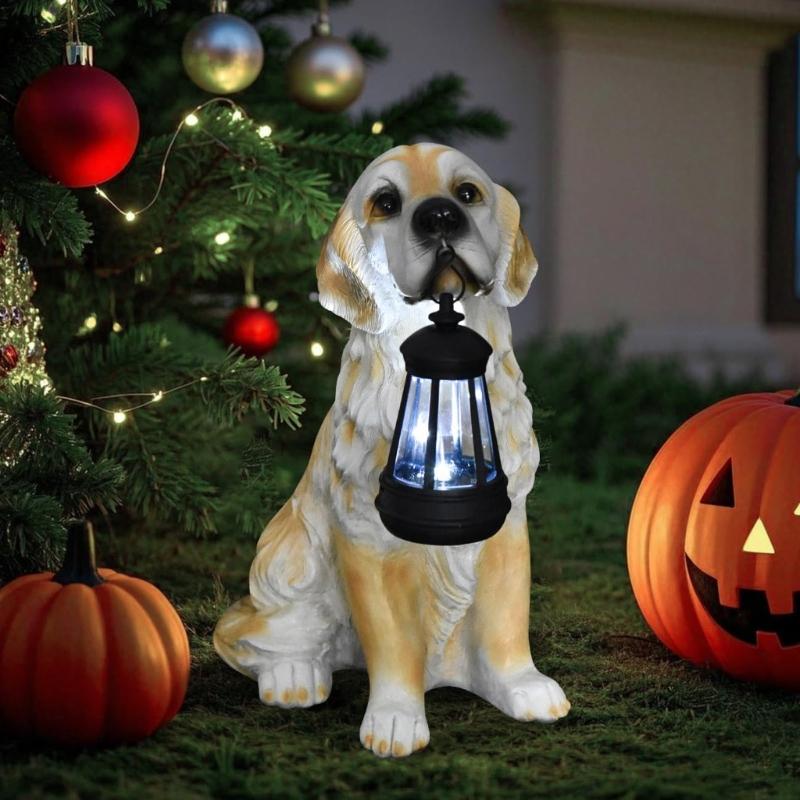 Garden Decoration Dog Statues Outdoor Golden Dog Puppy Statue with Solar Outdoor Figurine Light for Garden Patio