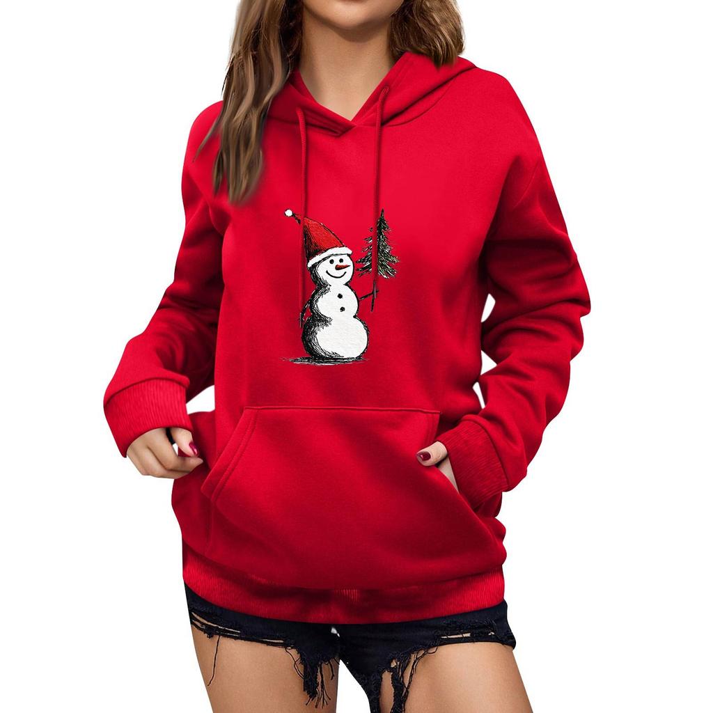 Women's Winter Christmas Printed Pullover Hooded Sweatshirt Fleece Long Sleeve Sweatshirt