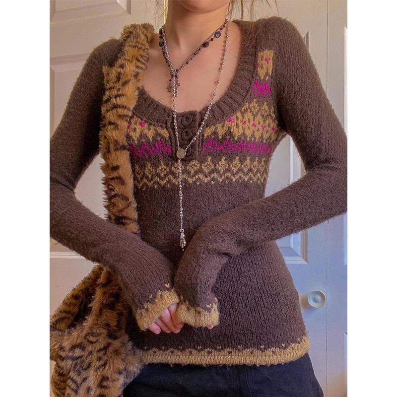 Women's Autumn and Winter Slim Bottoming Colour Blocking Round Neck Long Sleeve Knitting Temperament Sweater