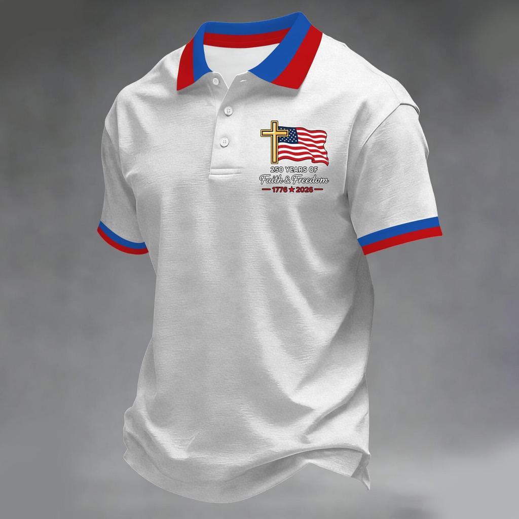 Herren Kurzarm-Polohemd mit Flaggen-Patch und Stickerei Klassische Passform Komfortables Design