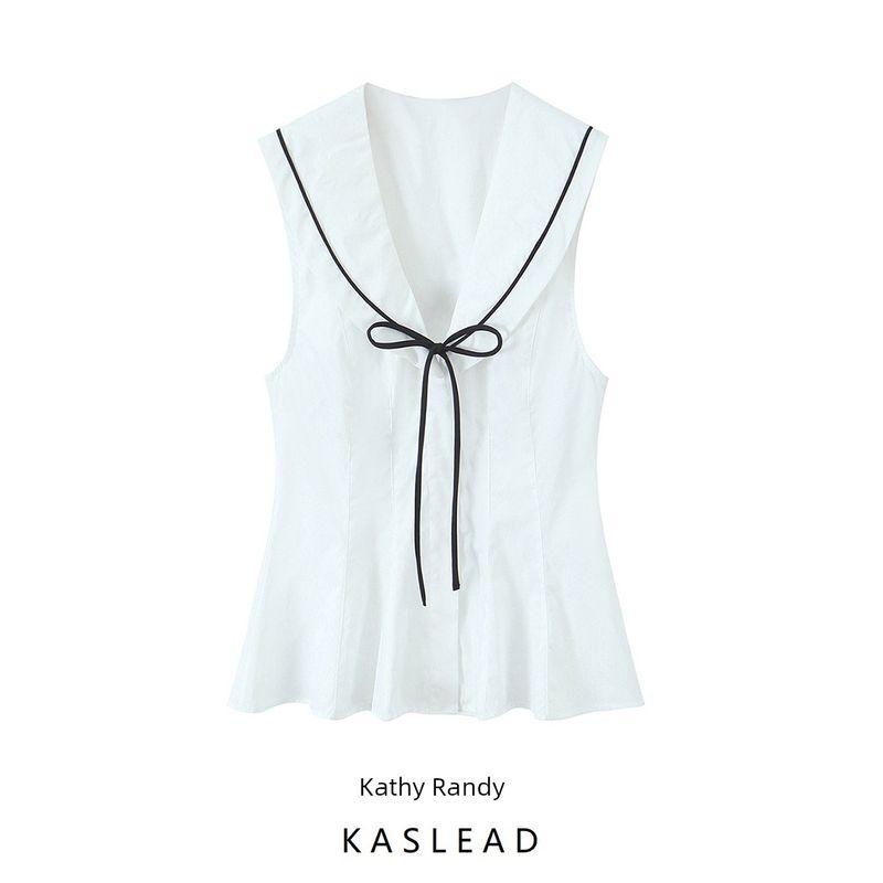 Kaslead New Arrival Women's Clothing Fashion Style Fashion Bowknot Trim Poplin Tops 3152006