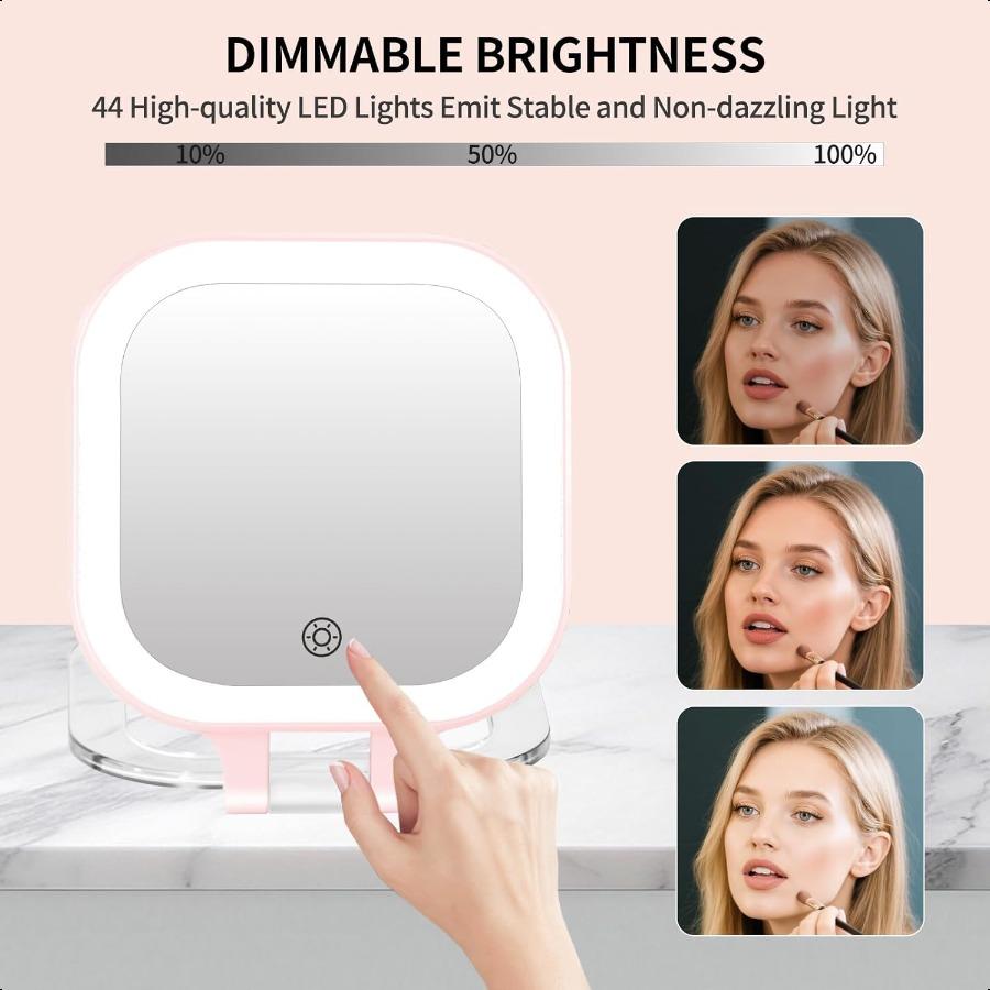 Travel Makeup Mirror with Light 1X 10X Magnifying Mirror with 3 Light Settings Adjustable Brightn Rechargeable Folding Compact