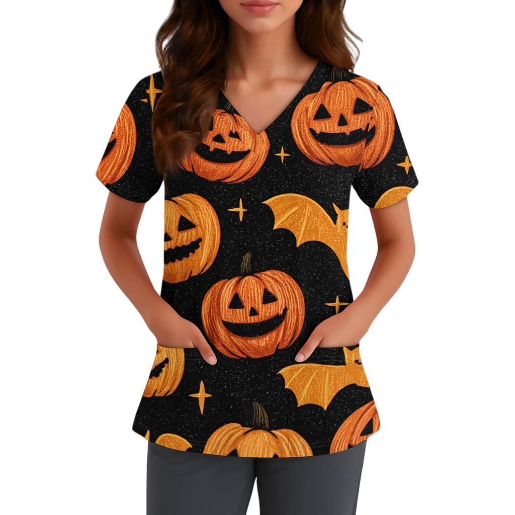 Haut d'uniforme médical à manches courtes et col en V pour femme avec poches Chapeau de sorcière d'Halloween et imprimé Uniforme de travail pour infirmière aide-soignante