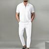 Men Spring Autumn New Solid Color Waffle Knit Collared Half Zip Polo Shirt Pants Set