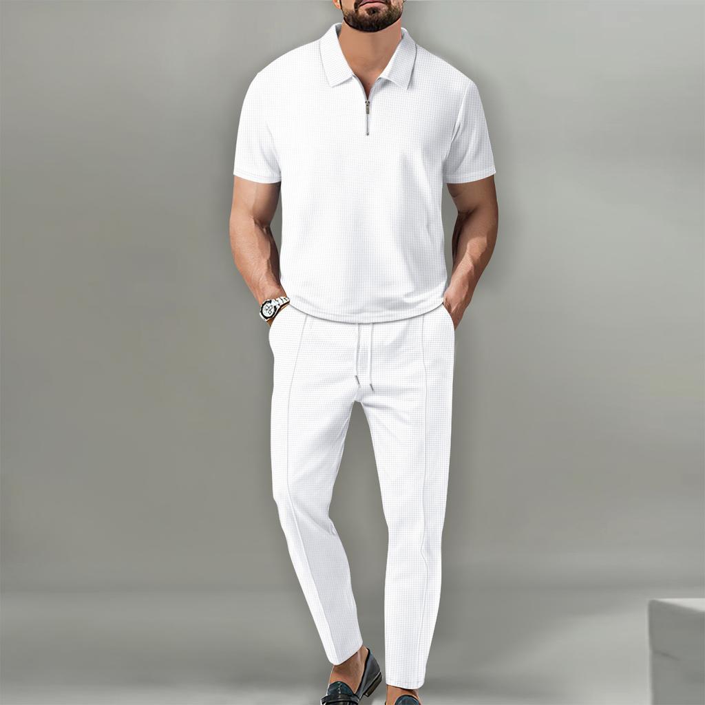 Men Spring Autumn New Solid Color Waffle Knit Collared Half Zip Polo Shirt Pants Set