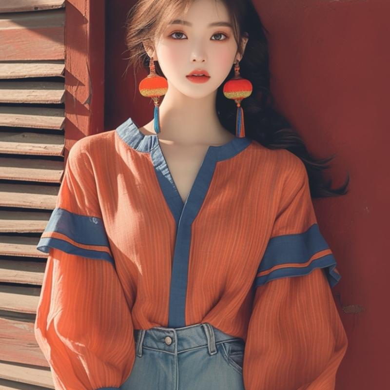 Vintage Satin Women's Blouses Spring/Summer Patchwork Women Shirts Loose Fashion Long Sleeves Tops Korean Clothing