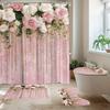 4Pcs Bathroom Shower Curtain Set Pink and White Flower Bathroom Curtain With 12 Hooks Non Slip Rugs Toilet Cover Mat Bathroom Partition