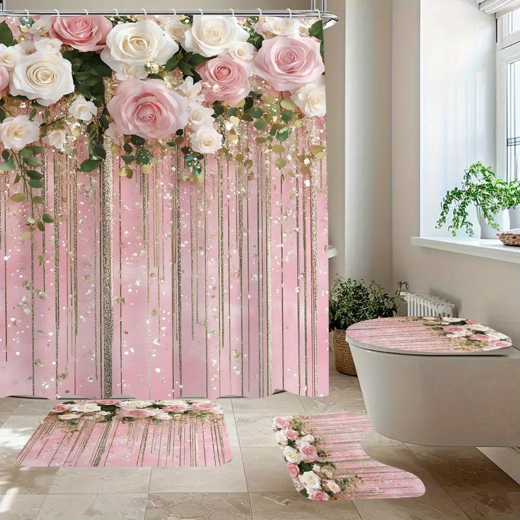 4Pcs Bathroom Shower Curtain Set Pink and White Flower Bathroom Curtain With 12 Hooks Non Slip Rugs Toilet Cover Mat Bathroom Partition