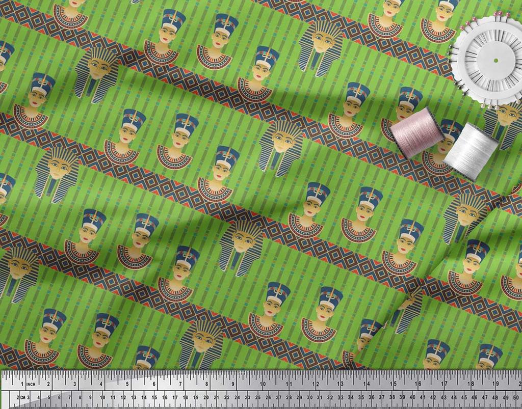 Soimoi Japan Crepe Satin Fabric Stripe & Egyptian Women Print Sewing Fabric Metre 42 Inch