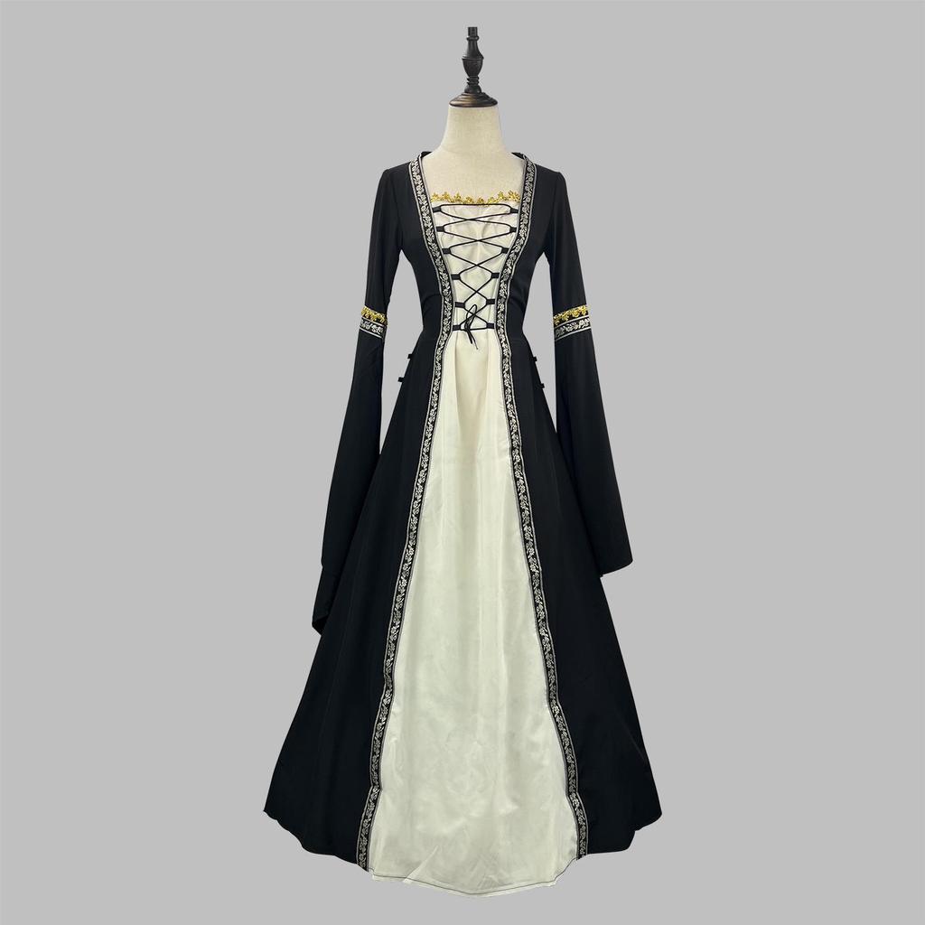 European & American Gothic Medieval Square Neck Bell Sleeve Plus Size Dress