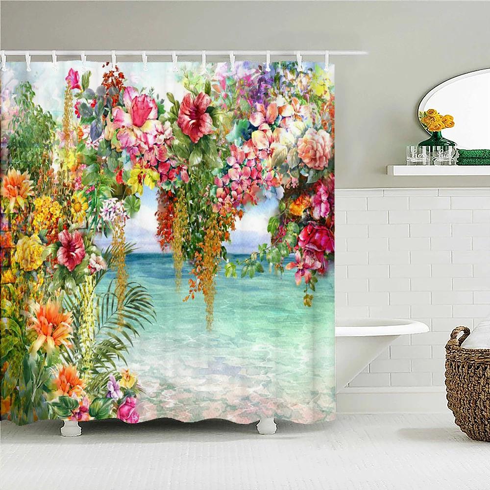 Romantic Retro Blooming Flowers Shower Curtain Garden Bath Curtains Waterproof Polyester Bathroom Shower Curtains Set with Hooks