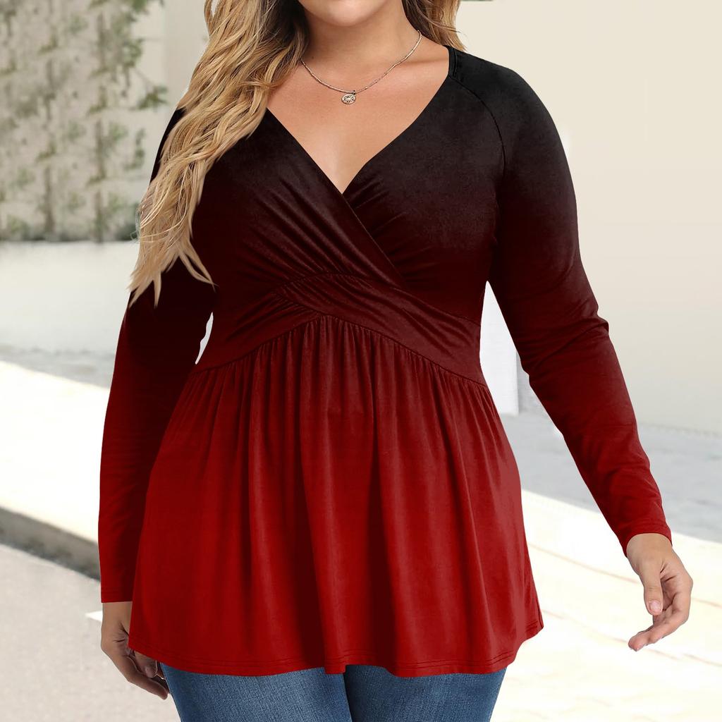 Women's Plus Size Shirt Long Sleeve  Print Top Pleated Casual V-Neck Top