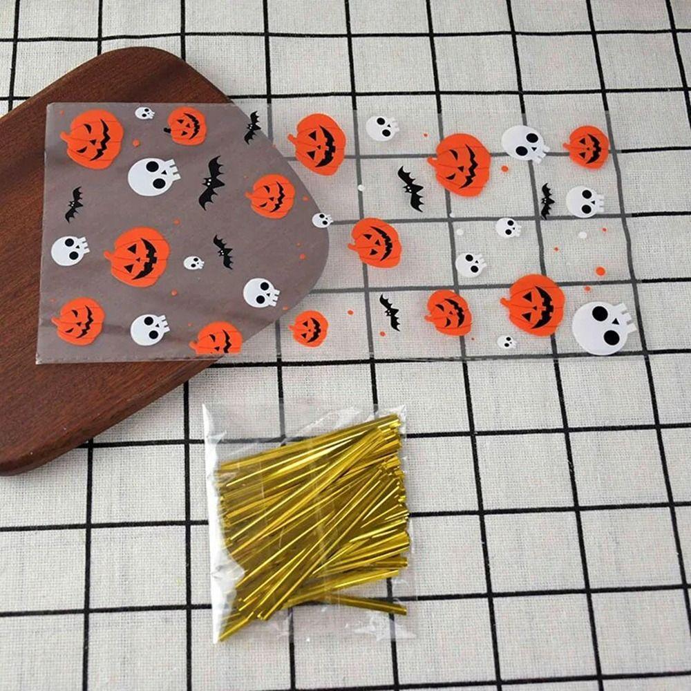 50pcs/pack With Ties Halloween Candy Bags Treat Bags Color Printing Dessert Packaging Bag Bat Pattern Gift Bags Baking Decor