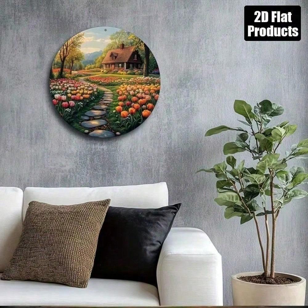 Vintage Metal Tulip Wall Art Round Decor for Home Kitchen Aluminum Plate