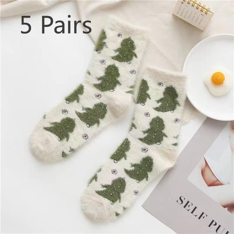 5 Pairs of Autumn and Winter Mink Velvet Cute Cartoon Women's Socks Warm Thickened Sleep Socks Floor Socks Mid-calf Padded Spotted Cow Socks